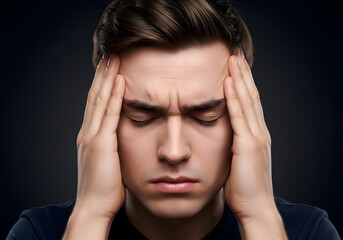 Young Man with Headache or Stress, Close-Up of Frustration and Anxiety, Mental Health and Wellness Concept