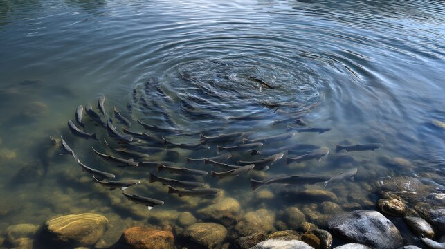 A school of trout swimming in circles near the riverbank with gentle ripples