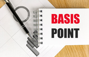 Basis point written on notebook with pen and business charts on wooden desk 