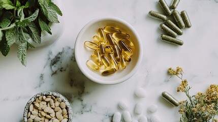 Still life of various capsules and supplements arranged on a marble surface with herbs and plants