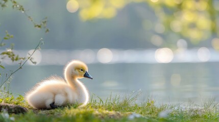 Obraz premium Fluffy cygnet by water, soft light