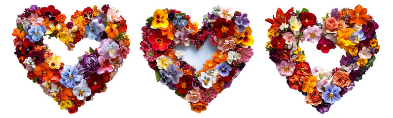 Set of Heart shaped arrangement of various vibrant flowers in warm and cool tones, isolated on white transparent background. Concept of love and beauty
