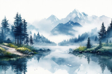 Serene watercolor landscape depicts tranquil lake surrounded by lush pine trees and majestic mountains, with mist gently enveloping scene, creating peaceful and calming atmosphere