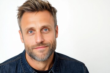 Fototapeta premium Close-up Portrait of a Confident Middle-aged Man with Stylish Hair and Beard Wearing a Denim Jacket Against a Plain White Background