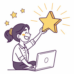 Happy woman holding a glowing star above her laptop isolated on transparent background
