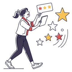 Fototapeta premium Woman giving a three star rating on a tablet isolated on transparent background