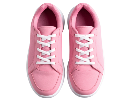  Top-Down View of Pink Sport Sneakers with Worn Soles and Lace Loops, Flat Lay Style, Isolated PNG