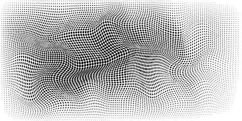 Flowing dots particles wave pattern 3D curve halftone black gradient curve shape isolated on white background. Vector in concept of technology, science, music, modern