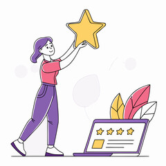 Woman giving a five star rating on a laptop isolated on transparent background