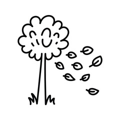 Happy cartoon tree with falling leaves in autumn