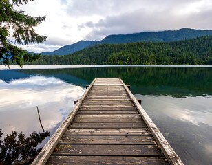 Calm lake dock at dawn