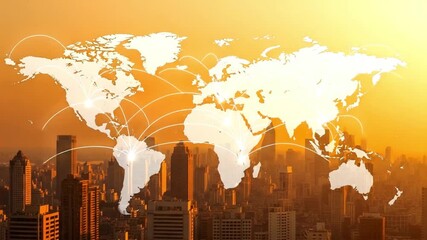 Cityscape under a world map overlay with a bright yellow and orange color gradient background - Powered by Adobe