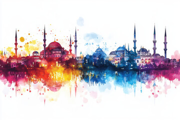 Vibrant watercolor illustration of city skyline featuring iconic domes and minarets, reflecting blend of architectural styles. colorful splashes create lively and artistic atmosphere