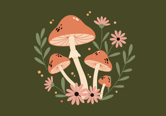Whimsical Enchanted Forest Gathering of Earthy Autumn Mushroom Friends Surrounded by Delicate Wildflowers and Lush Greenery