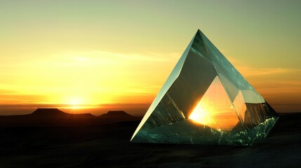 Glass pyramid at sunset over desert