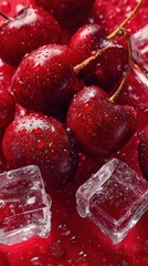 Fresh Cherries and Ice Cubes with Water Drops on Red Background