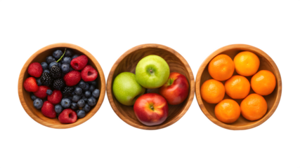 Three wooden bowls filled with fresh berries, apples, and oranges isolated on transparent background
