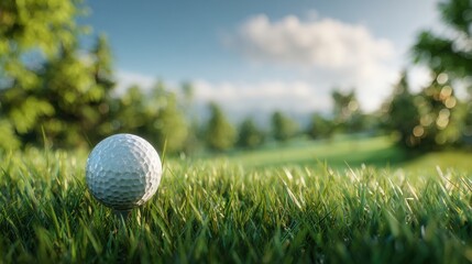 Golf ball on tee in a beautiful sunny golf course
