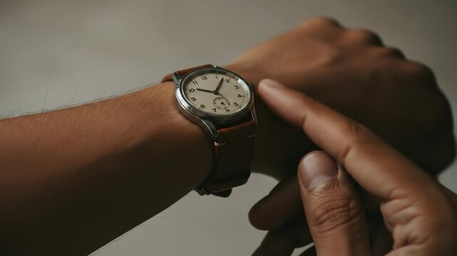 Man adjusting wristwatch, indoors, neutral background, time check