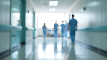 Blurred image of a brightly lit hospital corridor with clean white walls and soft lighting.