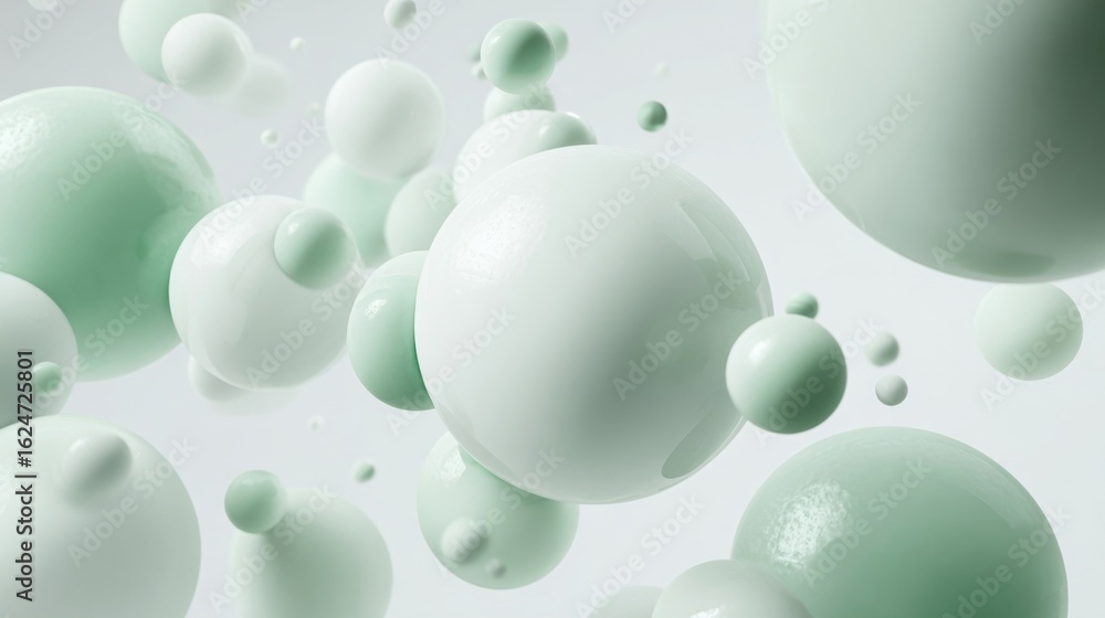Poster abstract representation of floating spheres in soft green tones