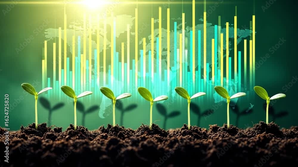 Poster seedlings growing in soil with world map and bar graph background representing global growth concept