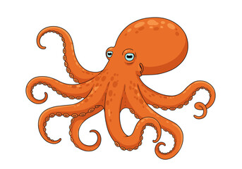 A Vibrant Orange Octopus with Eight Curly Tentacles Floats Gracefully in the Deep Blue Ocean Waters Surrounded by Tiny Bubbles Underwater Wildlife Scene