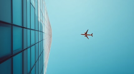 An airplane flies high in a clear blue sky above a modern glass skyscraper, capturing themes of travel and urban architecture.