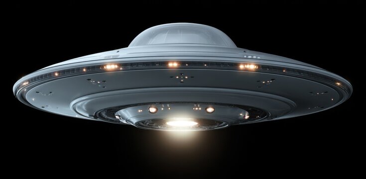 Silver UFO with Glowing Lights Hovering in the Dark Night Sky Science Fiction Concept