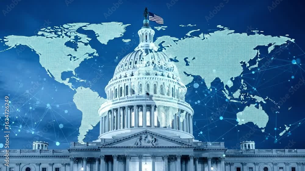 Poster a view of the us capitol building with an american flag and a world map in the background