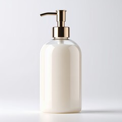 Elegant liquid soap dispenser with golden accents for hygiene and personal care on white background
