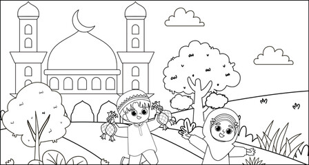 Coloring Book Illustration of Muslim children celebrating Eid al-Fitr in front of a mosque with ketupat and clouds