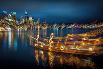 Illuminated musical notes float on a still body of water at night.