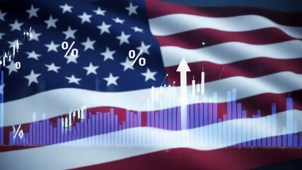 American flag backdrop with upward arrows, percentage signs, and a stock market graph overlay - Powered by Adobe