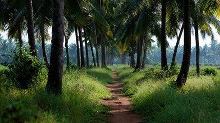 Obraz premium A serene dirt path winds through a lush tropical palm grove, bathed in soft sunlight and framed by towering trees.