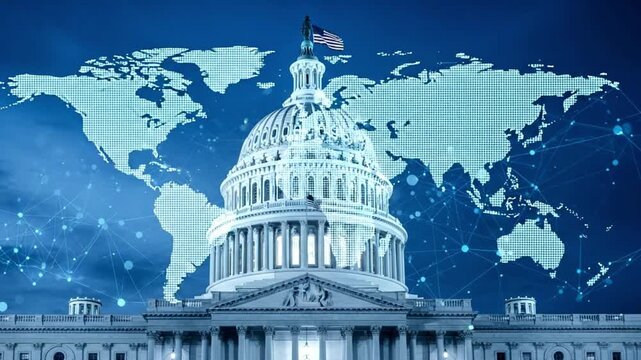 A view of the us capitol building with an american flag and a world map in the background