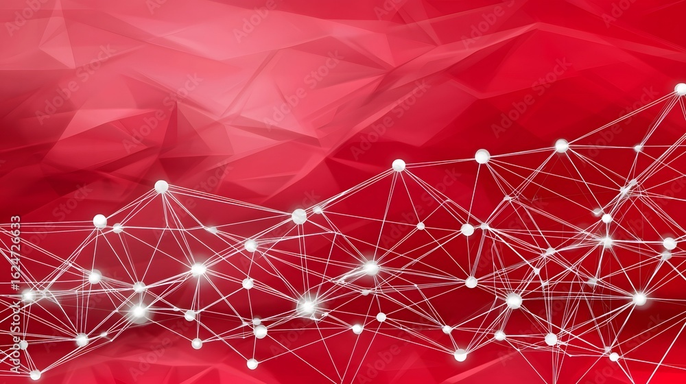 Poster the image showcases a network of white spheres connected by delicate lines against a gradient red ba