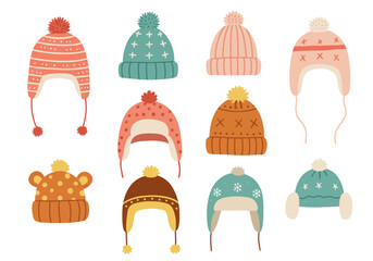 A Collection of Cozy Winter Hats Featuring Adorable Pom-Poms and Fun Patterns Perfect for Keeping Warm and Stylish During the Cold Season
