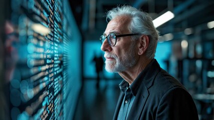 Senior programmer analyzing code on digital screen with programming languages, representing experienced software developer, coding expertise, and technology innovation in modern workplace.