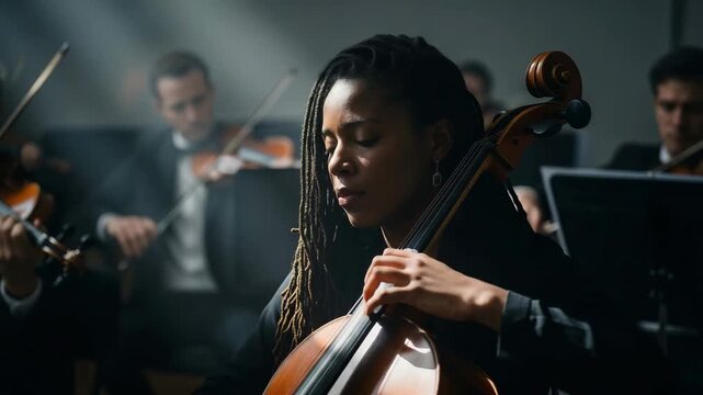 Black Woman with Dreadlocks Playing Cello in Orchestra with Violinists in Background