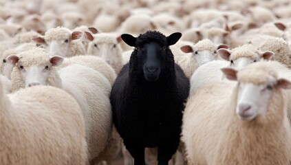 Fototapeta premium A single black sheep stands in sharp contrast among a flock of white sheep, symbolizing individuality, difference, and uniqueness. Captured in a natural rural setting.