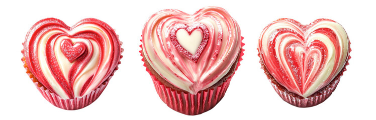 Set of Chocolate cupcake with heart shaped design, pink and white frosting, glitter sprinkles isolated on white transparent background. Concept of love and Valentine's Day desserts
