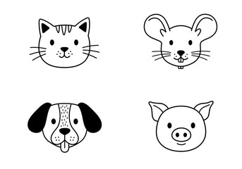 Cute Hand Drawn Sketch Style Portraits of a Cat a Mouse a Dog and a Pig Showing Their Adorable Facial Features and Expressions in a Whimsical Artistic Illustration