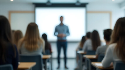 A blurred classroom image shows the backs of students in poor detail. A teacher stands in front of a digital display or whiteboard, taken from the back of the classroom.