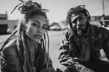 Candid portrait of a stylish alter dreadlocks young couple - black and white
