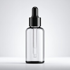 Elegant transparent serum bottle with black dropper cap for cosmetic use on white background