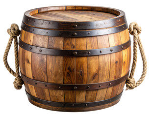 Fototapeta premium Vintage Wooden Barrel with Rope Handles and Burned Logo, Angled Perspective, Transparent PNG
