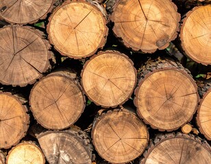 Close Up of Rustic Tree Log Pile with Natural Growth Rings and Rough Bark Texture