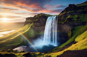 Fototapeta premium Majestic waterfall cascades down cliffs at sunrise with a vibrant rainbow in the lush landscape