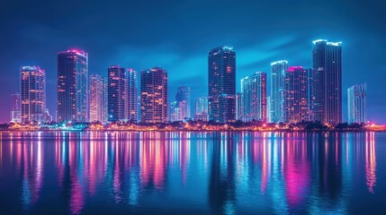 Fototapeta premium Vibrant city skyline at night reflecting on water